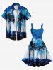 Impression de peinture à l'huile tie-dye représentant un cocotier, tenue de plage hawaïenne assortie grande taille pour couples - Bleu Ciel 