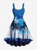 Impression de peinture à l'huile tie-dye représentant un cocotier, tenue de plage hawaïenne assortie grande taille pour couples - Bleu Ciel 