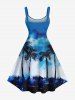Impression de peinture à l'huile tie-dye représentant un cocotier, tenue de plage hawaïenne assortie grande taille pour couples - Bleu Ciel 
