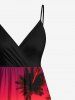 Plus Size Coconut Tree Dip Dye Ombre Sunset Print Hawaii Surplice A Line Cami Dress -  