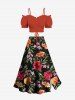 Jupe trapèze fendue hawaïenne grande taille à imprimé feuilles tropicales et fleurs d'hibiscus - Noir 3X
