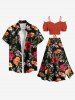 Jupe trapèze fendue hawaïenne grande taille à imprimé feuilles tropicales et fleurs d'hibiscus - Noir 3X
