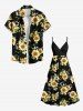 Robe camisole trapèze à imprimé feuilles de tournesol grande taille, style hawaïen - Noir 6X