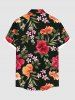 Plus Size Tropical Leaf Hibiscus Flower Print Hawaii Button Pocket Shirt For Men -  