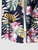 Plus Size Tropical Leaf Hibiscus Flower Print Hawaii Button Pocket Shirt For Men -  