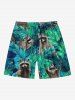 Short de plage hawaïen grande taille à imprimé feuilles tropicales et petit raton laveur pour homme - Vert 7XL