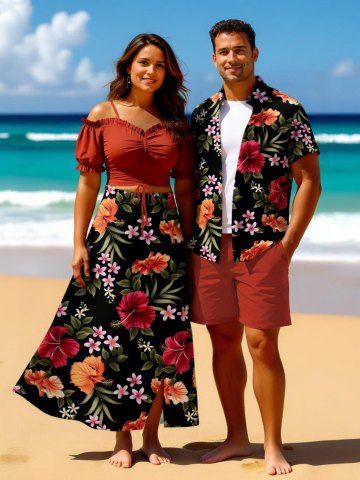 Tenue de plage hawaïenne assortie grande taille à imprimé feuilles tropicales et fleurs d'hibiscus pour couples