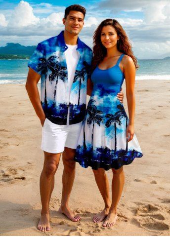 Impression de peinture à l'huile tie-dye représentant un cocotier, tenue de plage hawaïenne assortie grande taille pour couples