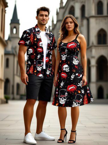 Skulls Fireflame Guitar Lips Rose Flower Print Plus Size Matching Hawaii Beach Outfit For Couples - BLACK
