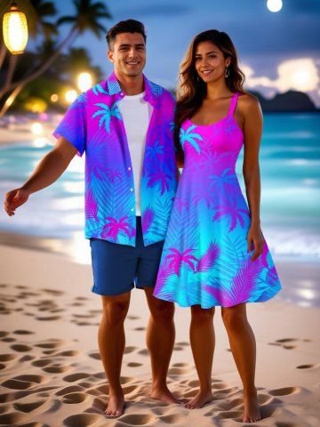 Coconut Tree Ombre Print Plus Size Matching Hawaii Beach Outfit For Couples - PURPLE