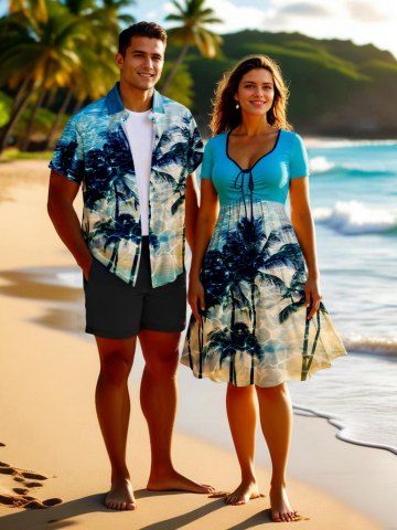 Coconut Tree Water Ripples Print Plus Size Matching Hawaii Beach Outfit For Couples - LIGHT GREEN