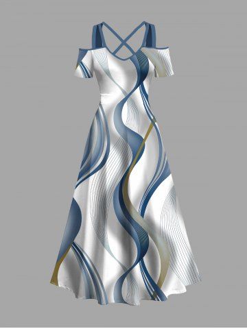 Plus Size Curve Pattern Print Cold Shoulder Crisscross Hawaii Maxi Dress - WHITE - 1X