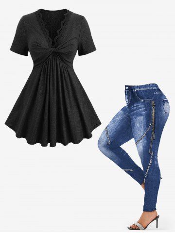 Glitter Ribbed Twist Top and 3D Denim Lace Up Pockets Print Leggings Plus Size Outfit - BLACK