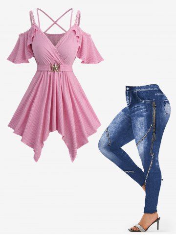 Haut côtelé uni croisé et leggings imprimés boutons à lacets en denim 3D, tenue grande taille