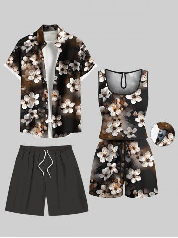 Matching Hawaii Shirt Shorts and Romper Plus Size Beach Outfit Ombre Peach Blossom Flower Print For Couples