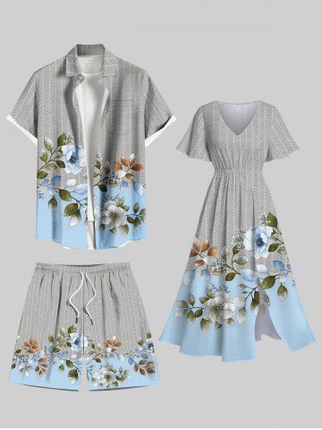 Flower Leaf Branch Herringbone Stripe Print Plus Size Matching Hawaii Beach Outfit For Couples - DARK GRAY