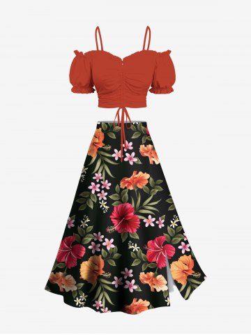 Solid Cinched Top and Tropical Leaf Hibiscus Flower Print Hawaii Split A Line Skirt Plus Size Matching Set - ORANGE