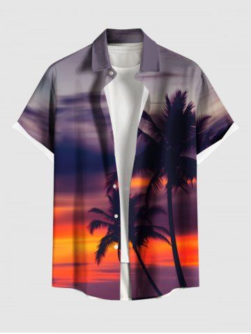 Plus Size Coconut Tree Ombre Dusk Print Hawaii Button Pocket Shirt For Men - RED - L