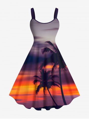 Plus Size Coconut Tree Ombre Dusk Print Hawaii A Line Tank Dress - RED - 4X