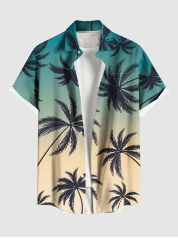 Plus Size Coconut Tree Ombre Print Hawaii Button Pocket Shirt For Men - GREEN - S