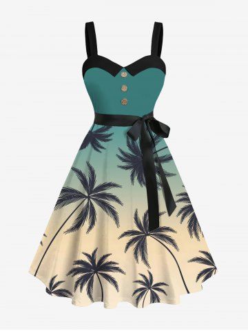 Plus Size Coconut Tree Ombre Print Hawaii Button A Line Tank Dress with Removable Belt - GREEN - 5X