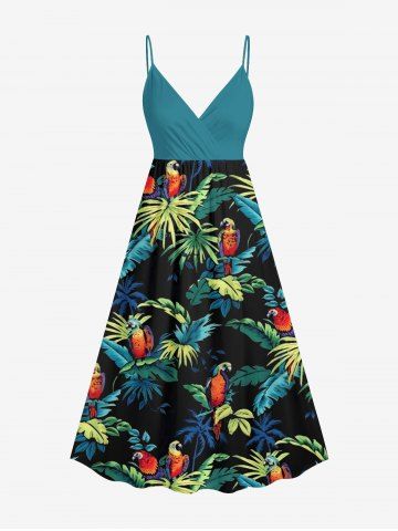 Plus Size Ombre Tropical Leaf Parrot Print Hawaii Surplice A Line Cami Dress - GREEN - 4X
