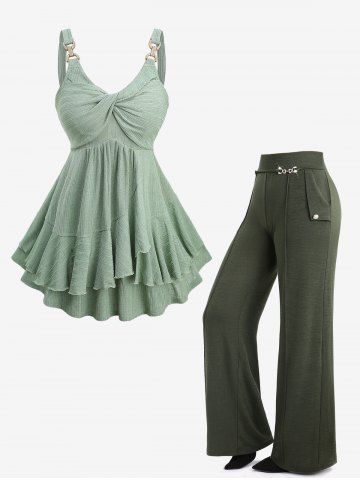 Twist Ruffles Ribbed Tank Top and Pintuck Buckle Waist Wide Leg Pants Plus Size Outfit - GREEN