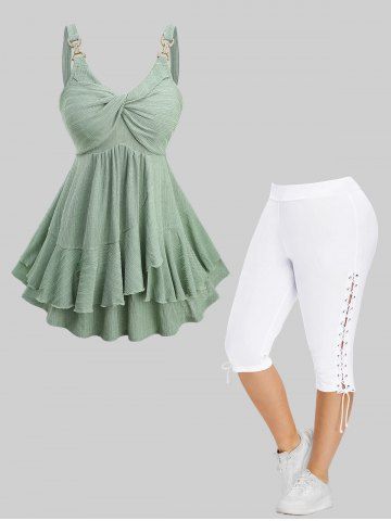 Twist Ruffles Ribbed Tank Top and High Waisted Lace Up Side Capri Pants Plus Size Outfit - GREEN