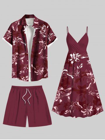 Flowers Leaf Tropical Print Plus Size Matching Hawaii Beach Outfit For Couples
