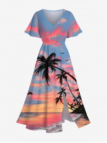 Plus Size Coconut Tree Seascape Ombre Sky Cloud Print Split Hawaii Midi Dress - LIGHT BLUE - XXS