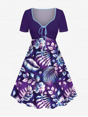 Plus Size Tropical Leaf Hibiscus Flower Print Cinched Hawaii Dress - PURPLE - XXS