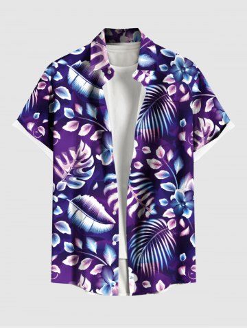 Plus Size Tropical Leaf Hibiscus Flower Print Buttons Pocket Hawaii Shirt For Men - PURPLE - XL