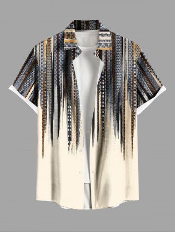 Plus Size Scarf Pattern Design Geometric Stripes Print Buttons Pocket Shirt For Men - LIGHT COFFEE - 6XL