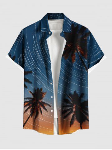 Plus Size Coconut Tree Meteor Shower Ombre Print Buttons Pocket Hawaii Shirt For Men - BLUE - S