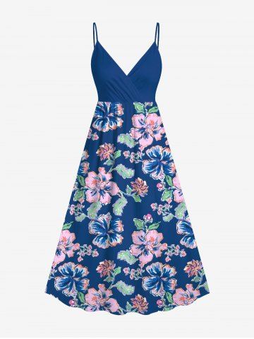 Plus Size Hibiscus Flower Leaf Print Surplice Hawaii Cami Dress - BLUE - 5X