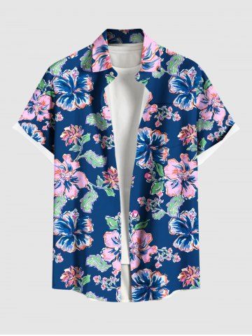 Plus Size Hibiscus Flower Leaf Print Buttons Pocket Hawaii Shirt For Men - BLUE - S