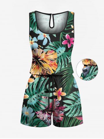 Combinaison hawaïenne cintrée grande taille à imprimé feuilles tropicales et fleurs d&#39;hibiscus - GREEN - 6X