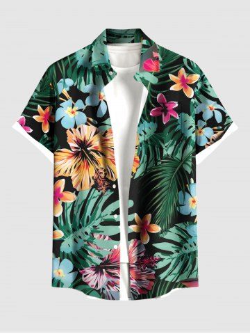 Plus Size Tropical Leaf Hibiscus Flowers Print Buttons Pocket Hawaii Shirt For Men - GREEN - S