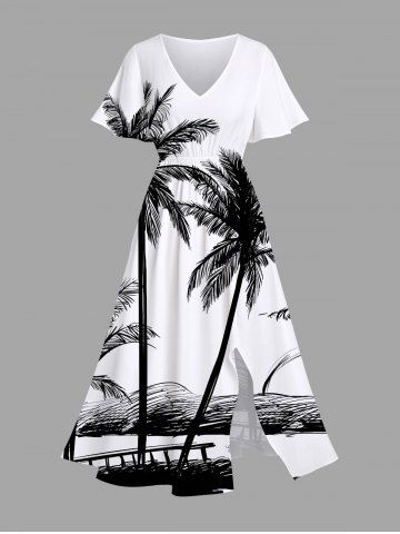Plus Size Coconut Tree Bench Seascape Print Split Hawaii Midi Dress - WHITE - 6X