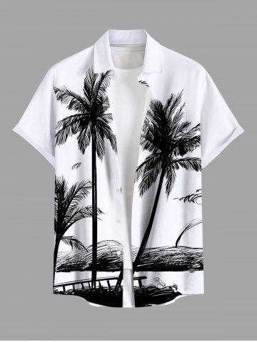Plus Size Coconut Tree Bench Seascape Print Buttons Pocket Hawaii Shirt For Men - WHITE - S