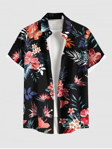 Plus Size Tropical Leaf Hibiscus Flower Print Hawaii Button Pocket Shirt For Men - BLACK - S