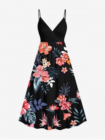 Plus Size Tropical Leaf Hibiscus Flower Print Hawaii Surplice A Line Cami Dress - BLACK - XXS