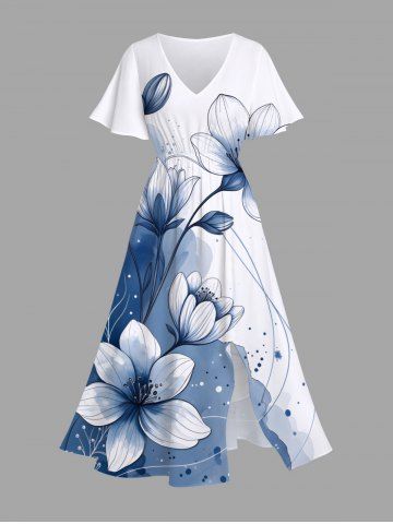 Plus Size Ink Painting Watercolor Flower Print Hawaii Split Pocket A Line Midi Dress - BLUE - XXS