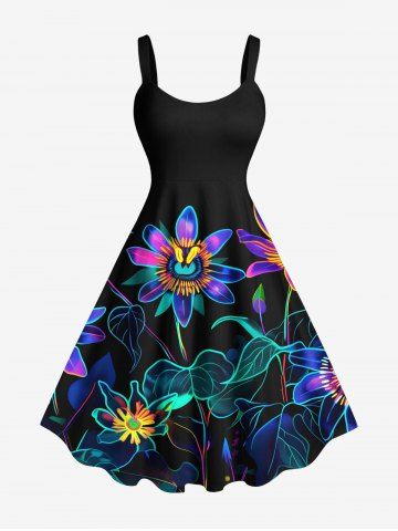 Plus Size Daisy Flowers Leaf Neon Print Hawaii Tank Dress - BLACK - XXS