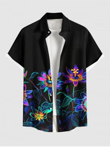 Plus Size Daisy Flowers Leaf Neon Print Buttons Pocket Hawaii Shirt For Men - BLACK - 4XL