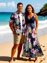 Tenue de plage hawaïenne assortie grande taille à imprimé feuilles tropicales et fleurs d'hibiscus pour couples - Bleu profond 