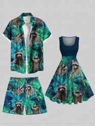 Tenue de plage hawaïenne assortie grande taille à imprimé feuilles tropicales et petit raton laveur pour couples - Vert profond 