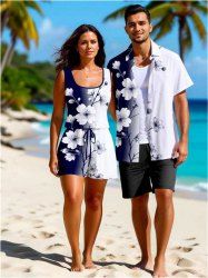 Matching Hawaii Shirt and Romper Plus Size Beach Outfit Dip Dye Ombre Flower Branch Print For Couples -  