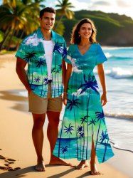 Coconut Tree Cloud Sea Ombre Sky Print Plus Size Matching Hawaii Beach Outfit For Couples -  