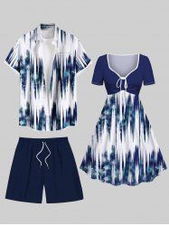 Tenue de plage hawaïenne assortie grande taille, motif vague légère, tie-dye et ombré, pour couple - Bleu 